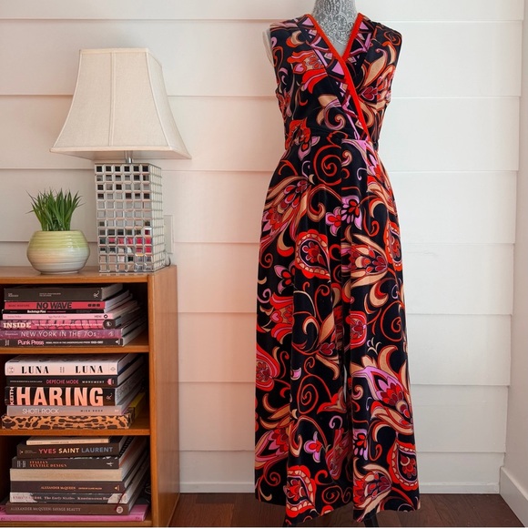 Vintage Pants - Vintage Velvet Paisley Floral Print Palazzo Jumpsuit